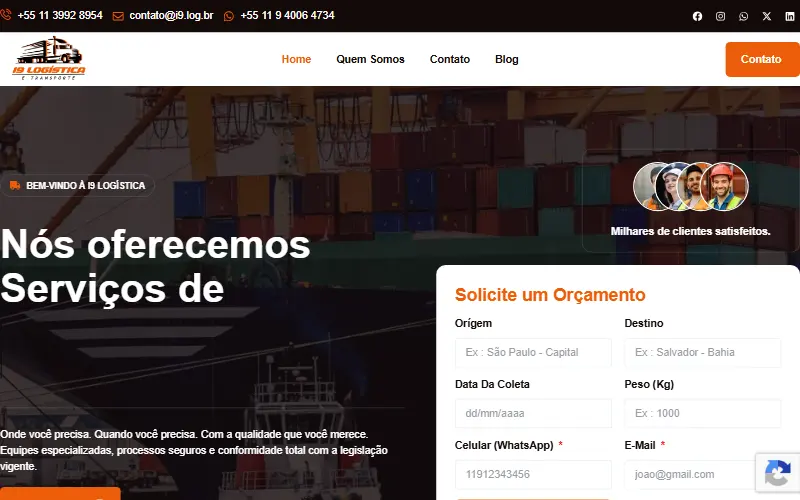 Página inicial do site da I9 Logística Integrada